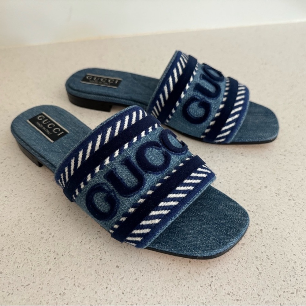 Gucci Women's Navy  logo Denim Slide Sandals